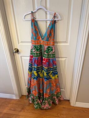 Farm Rio Colorful Tiered Maxi Dress with Deep V Sz Small.  NWT. Box38